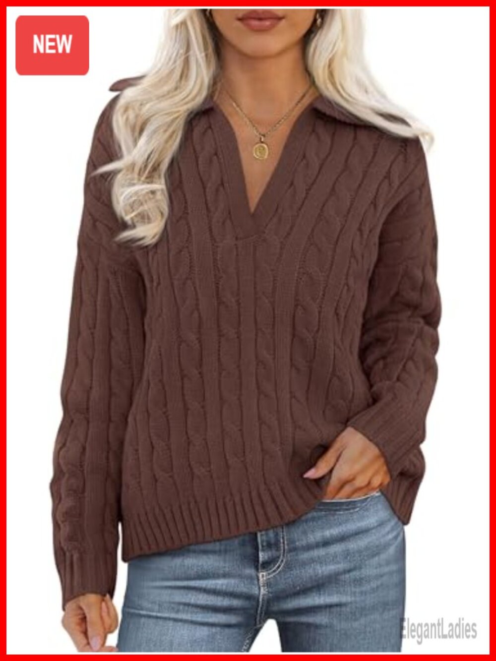 Womens Oversized Cable Knit V Neck Sweater Loose Fit Pullover